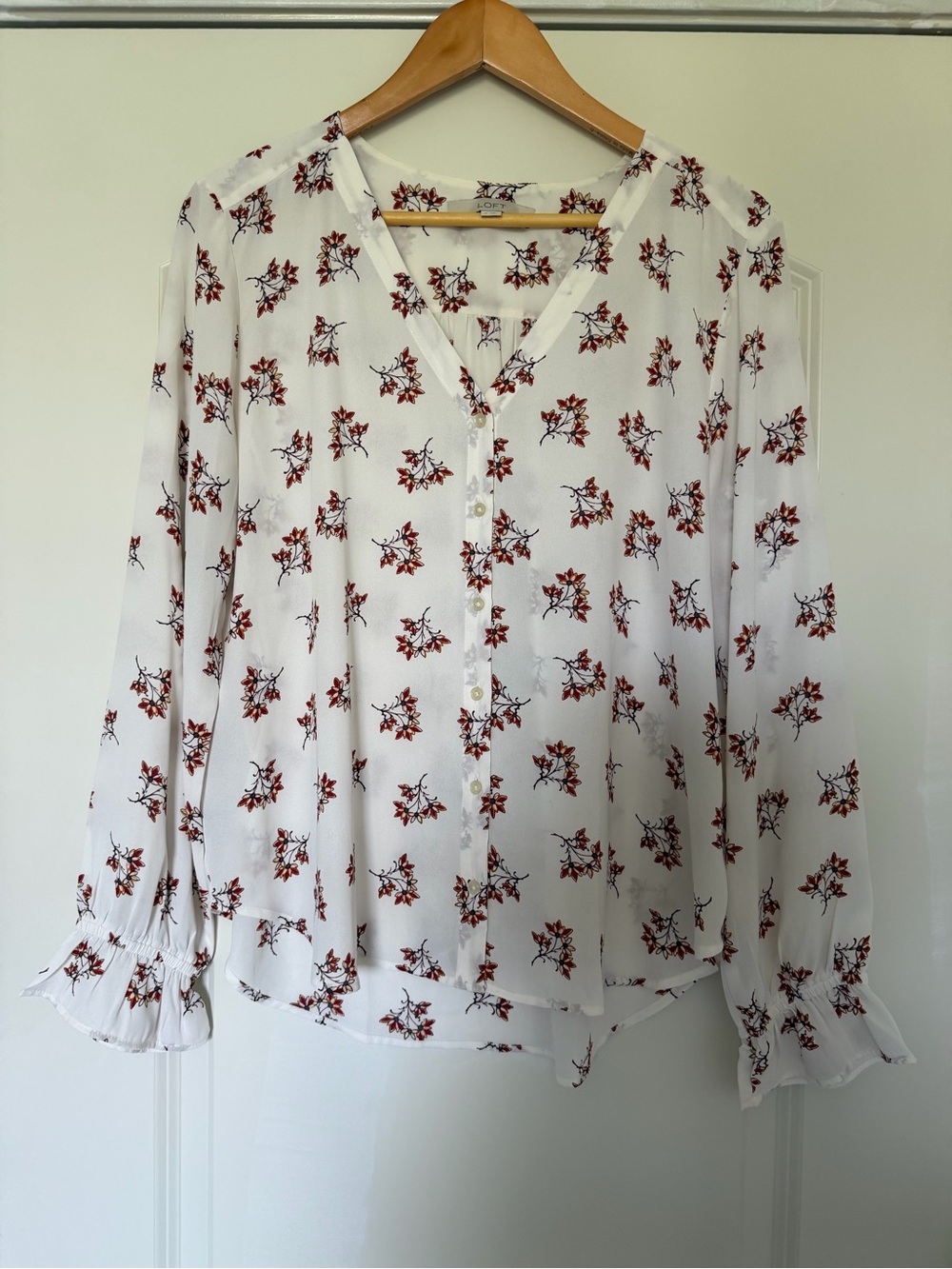 LOFT White Blouse with Red Floral Print